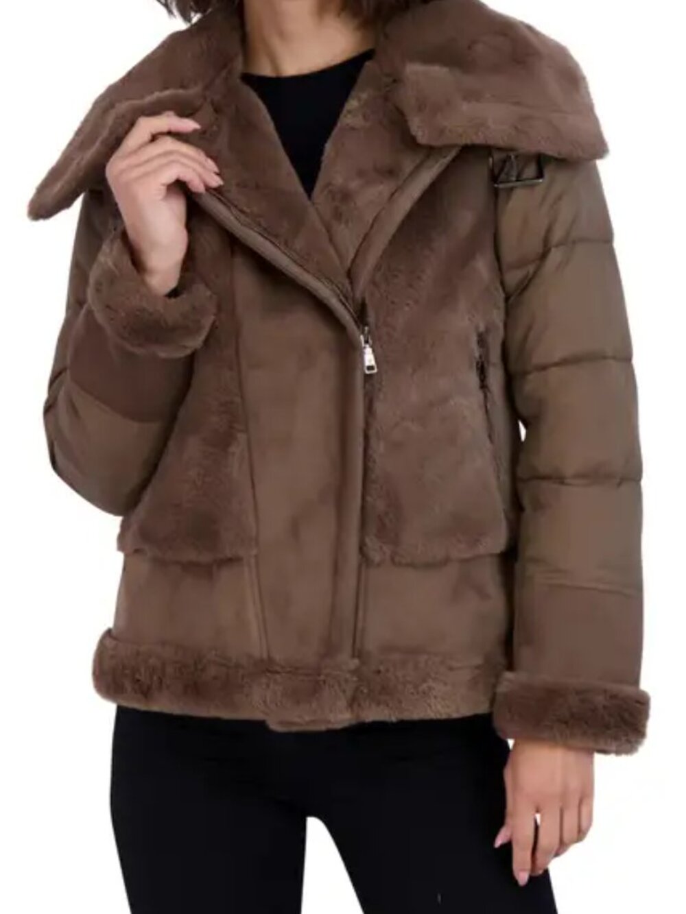 NWT Tahari Saylor Faux Fur & Faux Suede Quilted Puffer Jacket - Med.